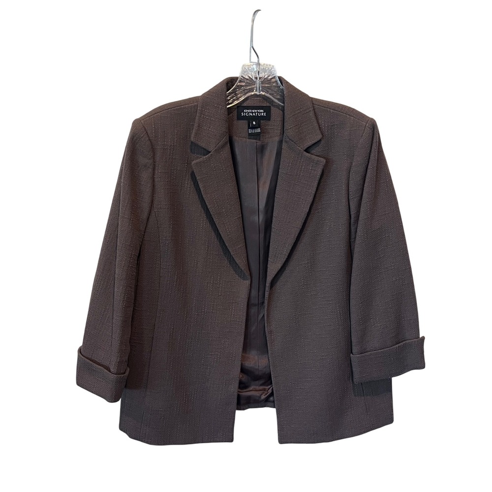 Jones New York Signature Brown Textured Cotton Blazer Open Front Jacket Size 8